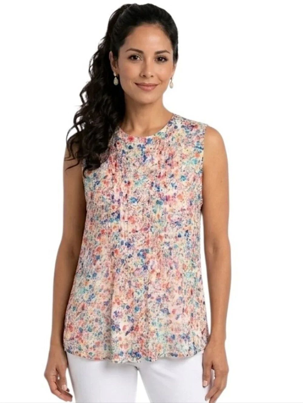 Liz Claiborne Multi Colored Floral Abstract Sleeveless Pintuck Blouse Size LP